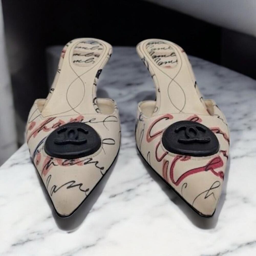 Vintage Y2K Chanel Script-Print CC Logo Women’s Mules Size 38 - Picture 2 of 15